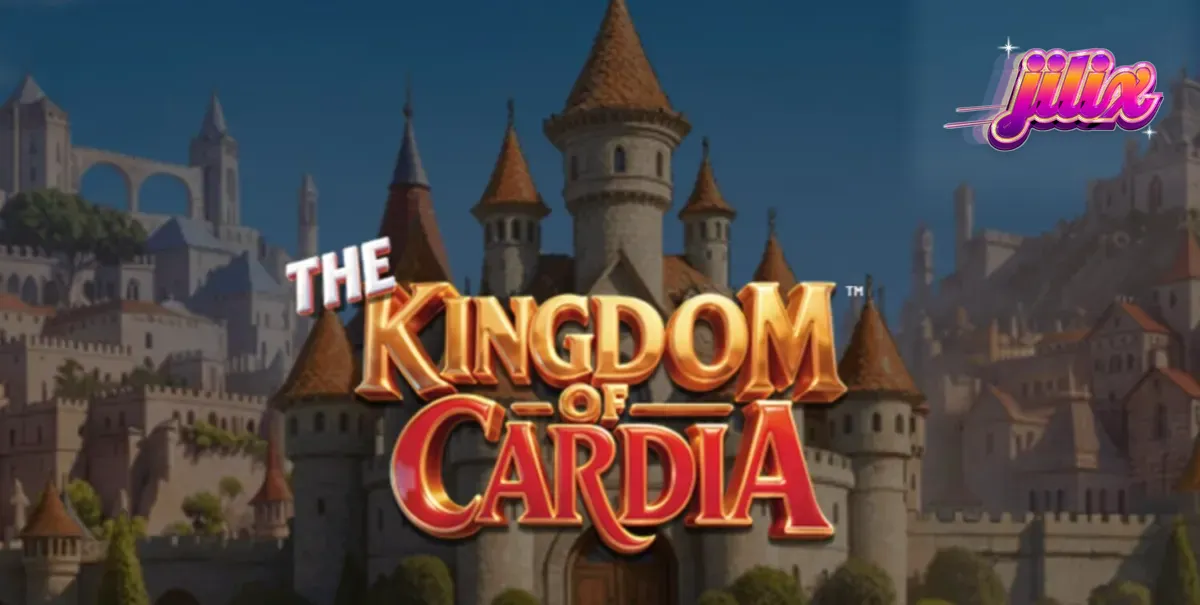 The Kingdom of Cardia slot game interface showing vibrant garden theme and card symbols.